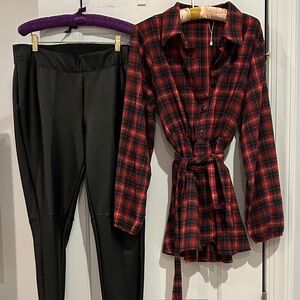 Plaid Red Shirt and  Black Women's Leather like Pants